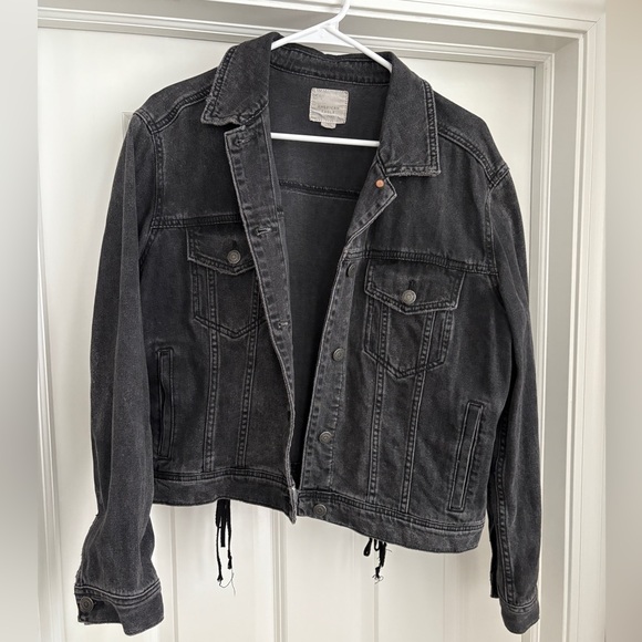American Eagle Lace Up Washed Black Denim Jacket Women’s Large - Picture 2 of 7